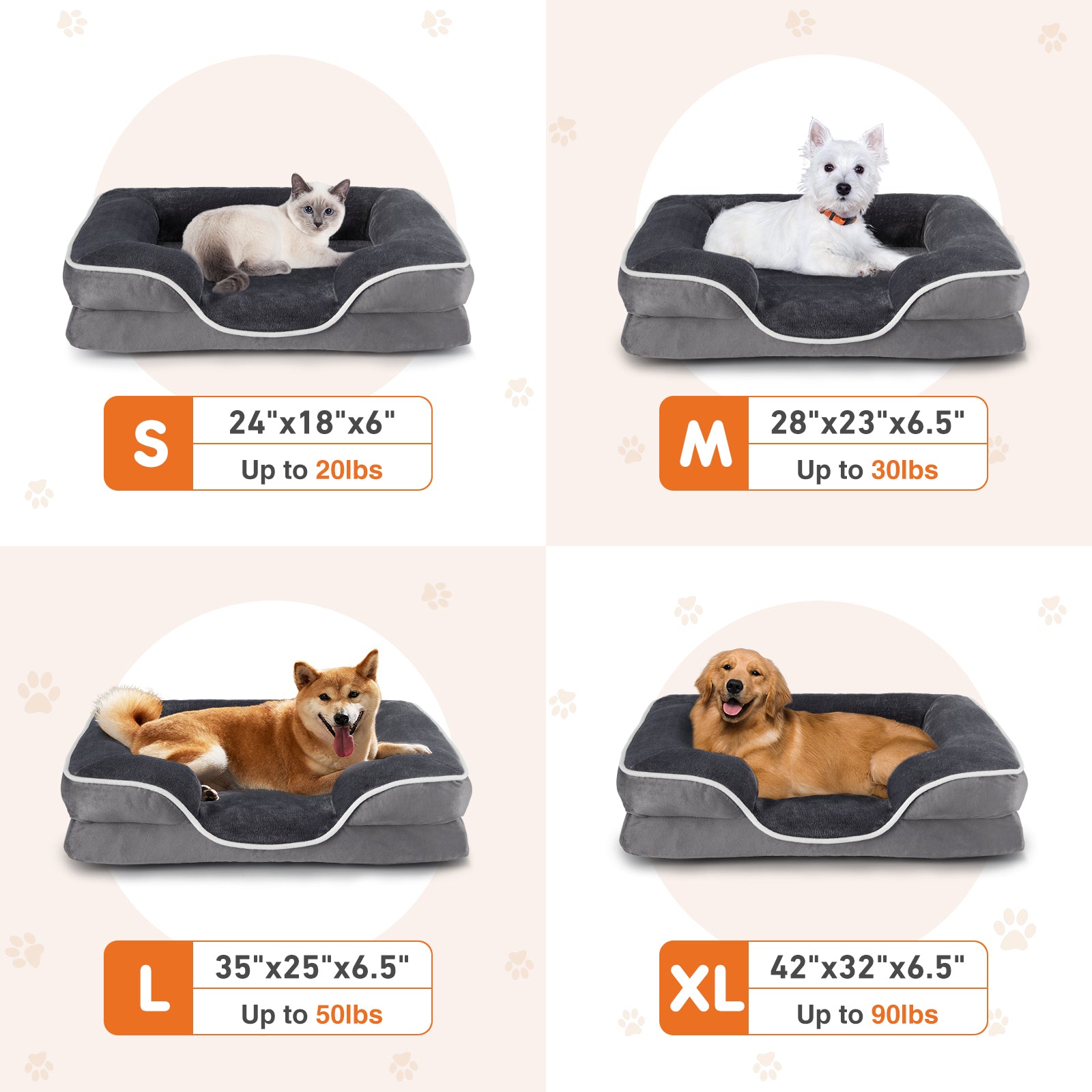Pet bed size chart for grey: S, M, L, XL with weight limits shown
