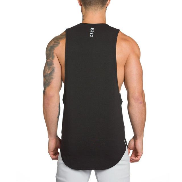 Men's black sleeveless muscle tank top, back view with small logo