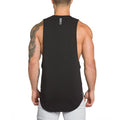 Men's black sleeveless muscle tank top, back view with small logo