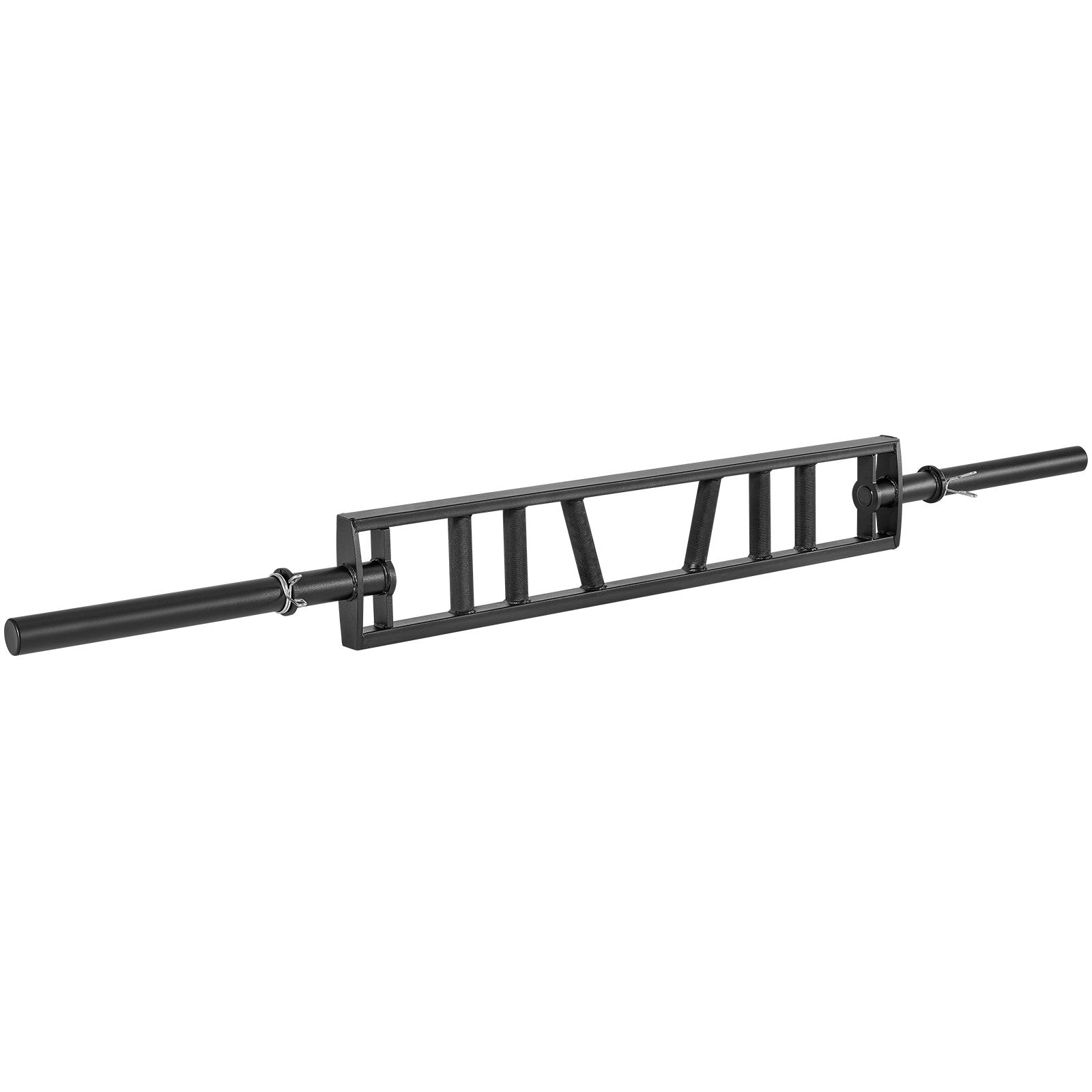 Multi-grip Swiss barbell with knurled black grips, three load positions, and two collars