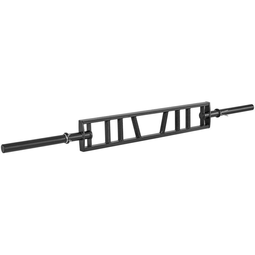 Multi-grip Swiss barbell with angled multi-grip rack, knurled black grips, and two collars