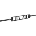 Multi-grip Swiss barbell with angled multi-grip rack, knurled black grips, and two collars