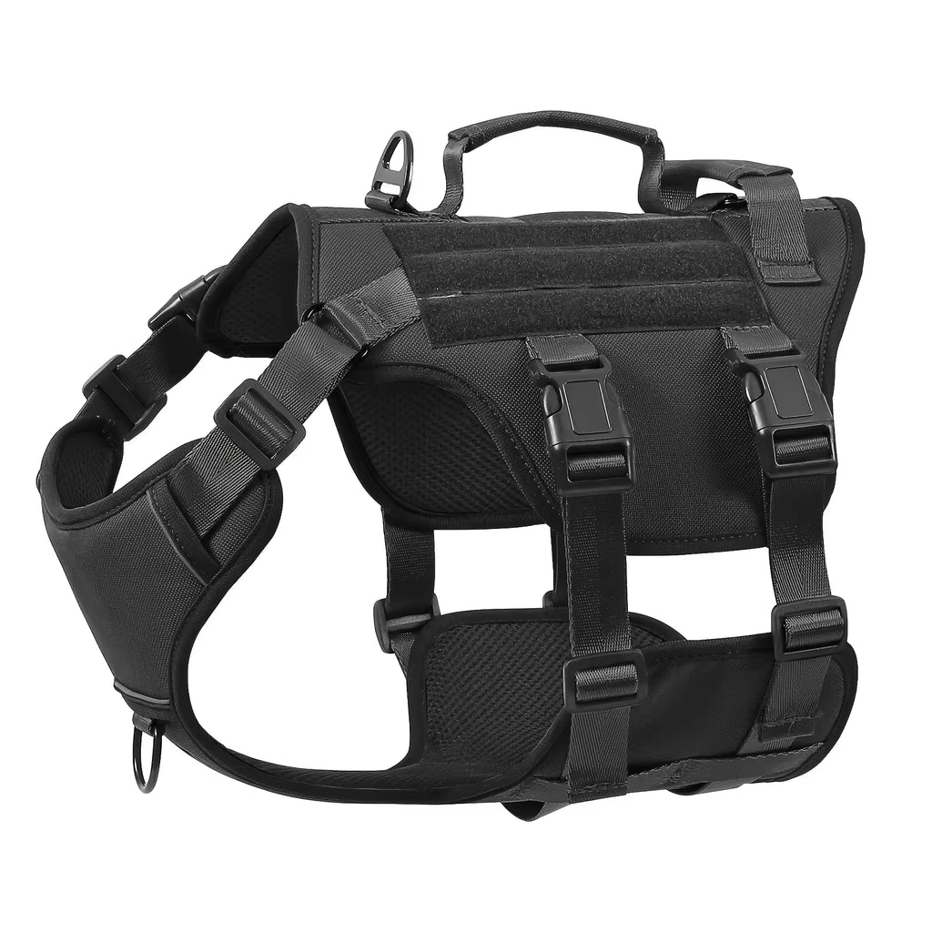 Black tactical no-pull dog harness vest with front and back buckles