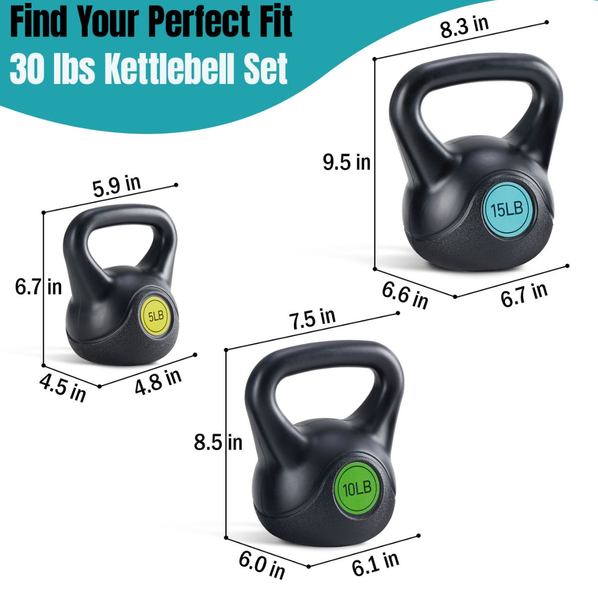 Three black kettlebells with wide handles and 5LB, 10LB, 15LB colored weight discs