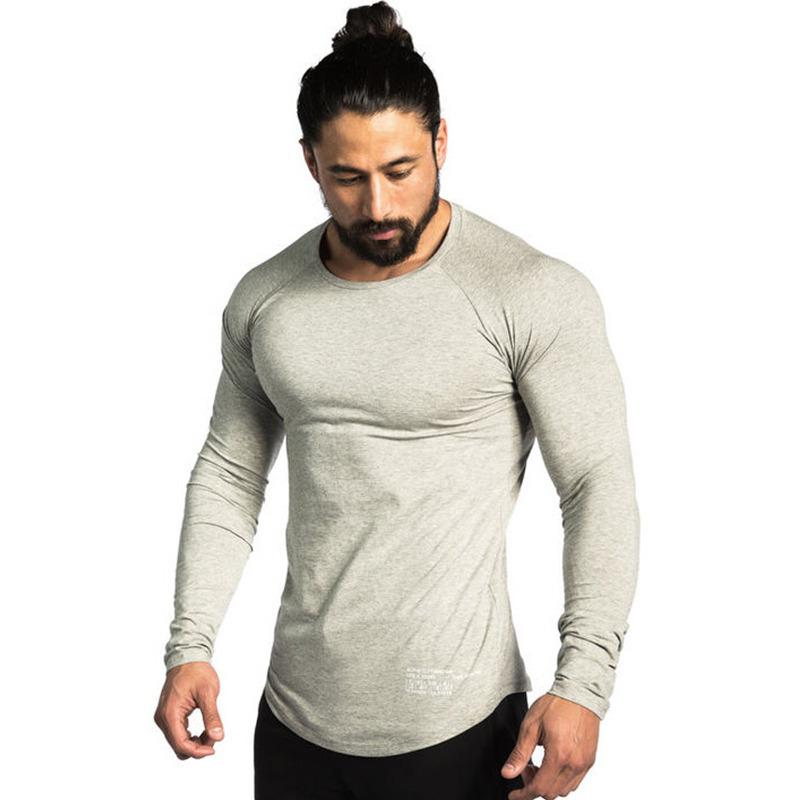 Men's long-sleeve training T-shirt, slim fit, light gray crew neck