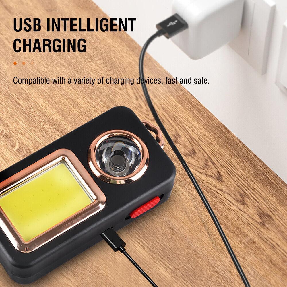 Close-up of lantern base with USB charging port and rose gold-trimmed flashlight lens
