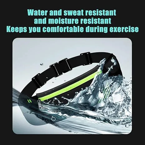 Black reflective waist pack with neon green stripe and phone holder, water-resistant design.