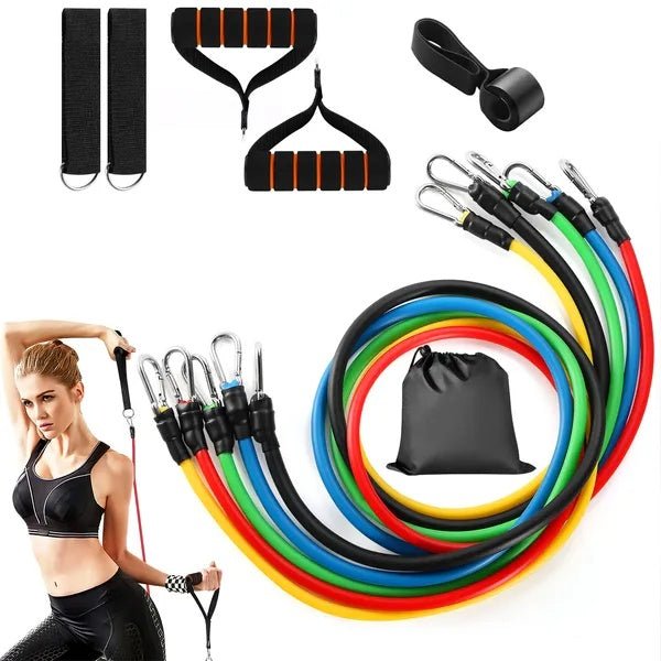 Multi-color resistance band set with handles, door anchor, carabiners, carry pouch