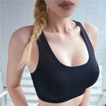 High-support sports bra, black with wide neckline and supportive curved underband