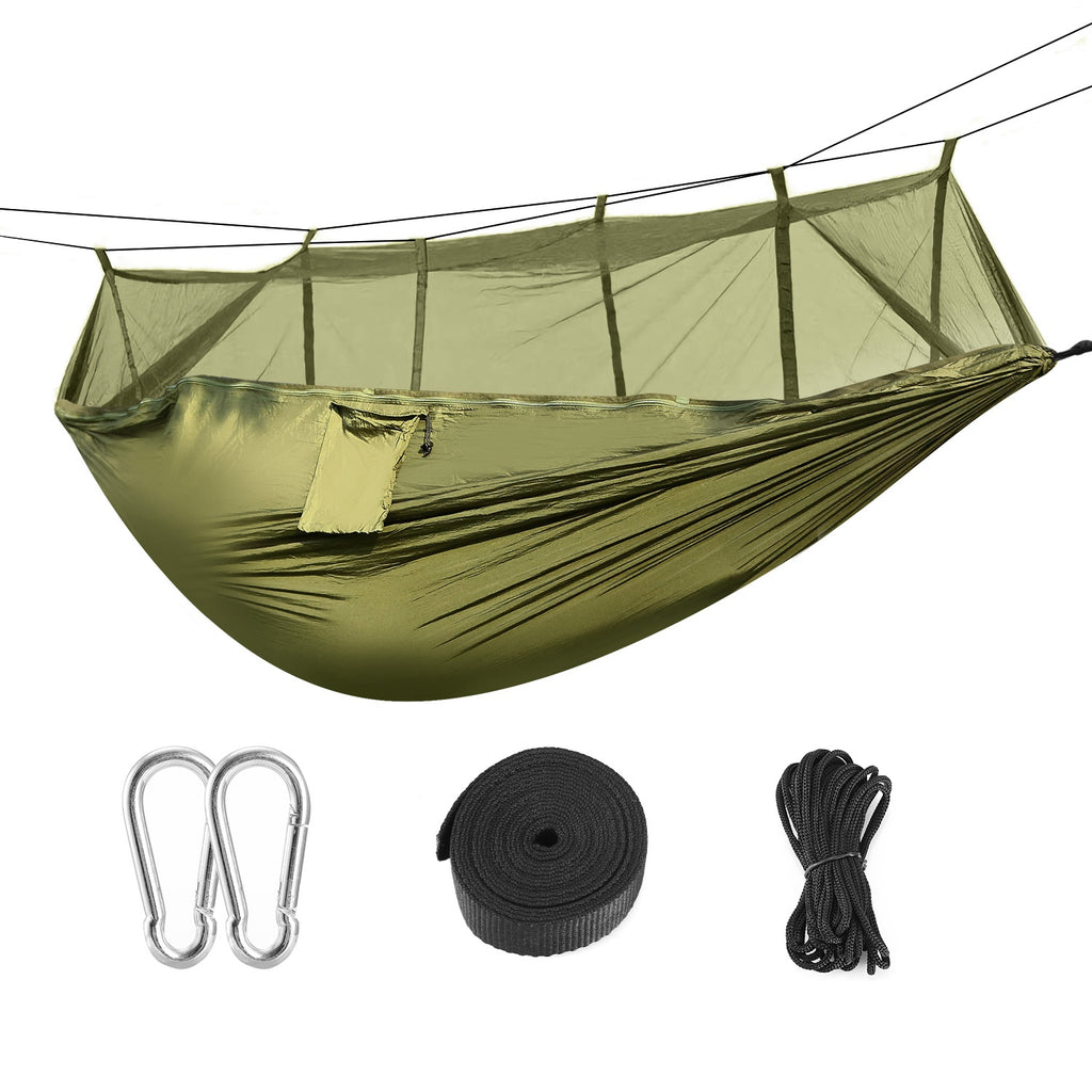 Double camping hammock with mosquito net, olive green fabric and hanging storage pocket.