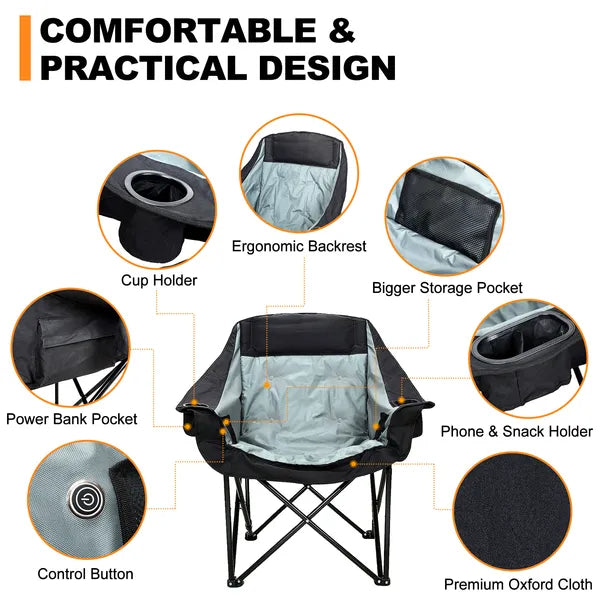 Oversized heated camping chair with gray backrest, storage pockets, foldable frame