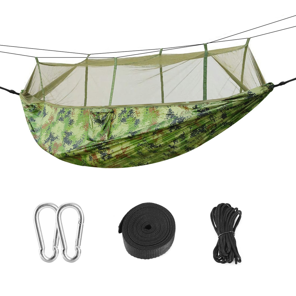 Camouflage double camping hammock with mosquito net, plus carabiners and straps