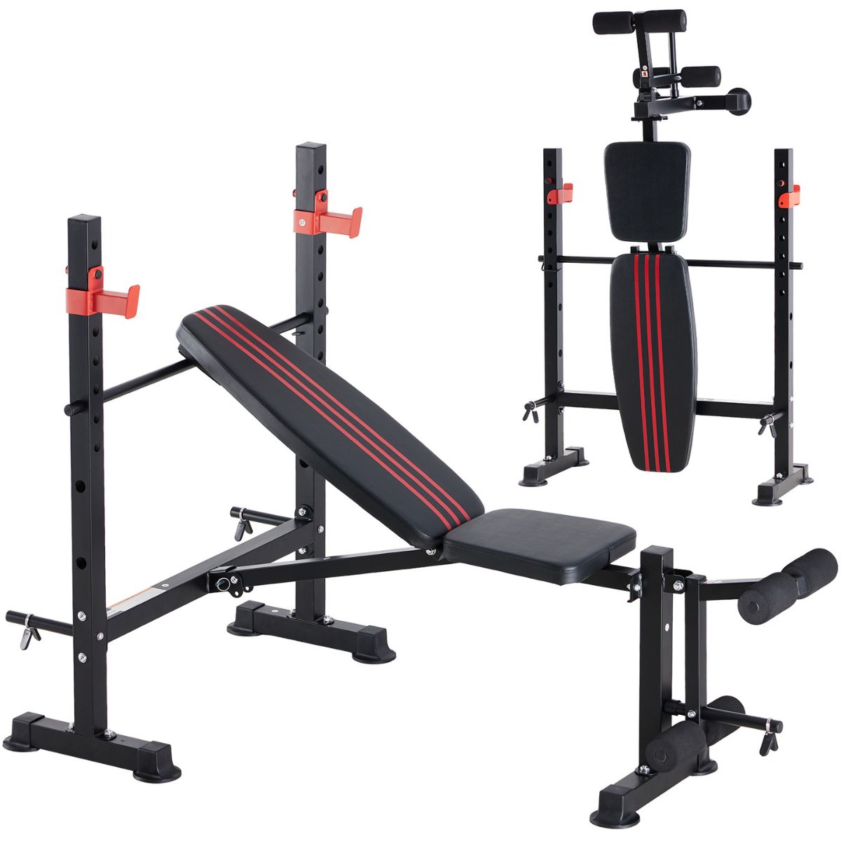 Black bench press rack with leg extension, incline bench with red stripe upholstery