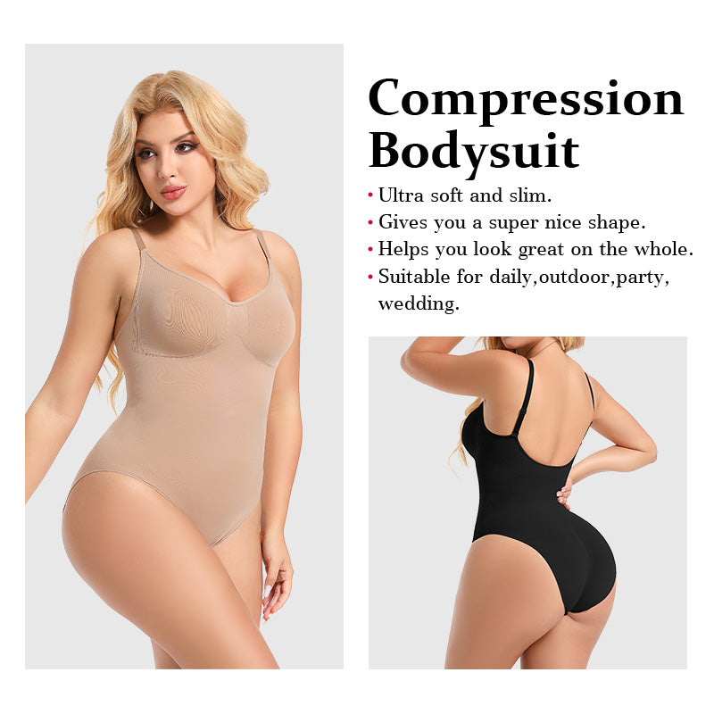Beige seamless compression bodysuit with smooth cups and high-cut leg
