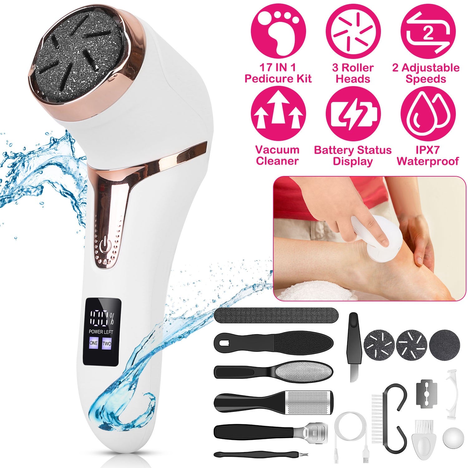 White electric foot callus remover with black grinding head and power display