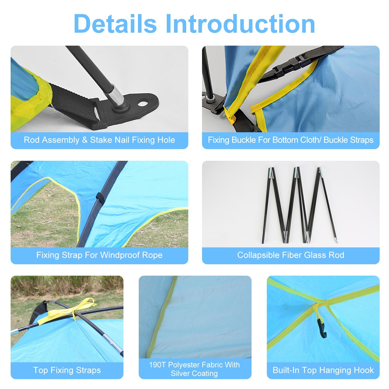 Blue beach tent canopy with fixing buckle straps and collapsible fiberglass support rods.