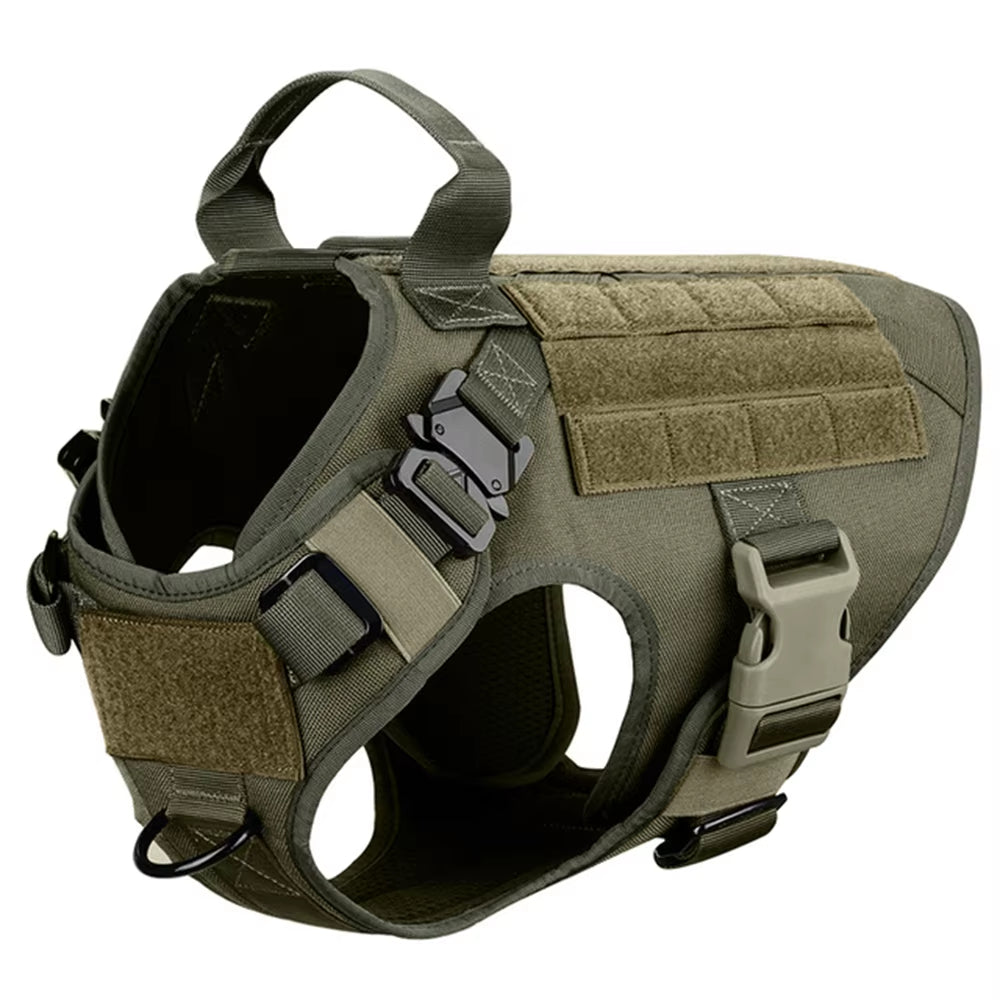 Dark green tactical dog harness with padded chest panel, front strap buckles and D-ring