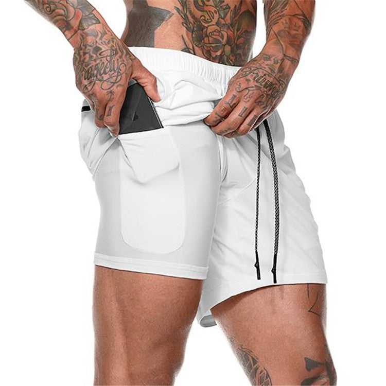 Men’s athletic training shorts with side pockets, white with drawstring