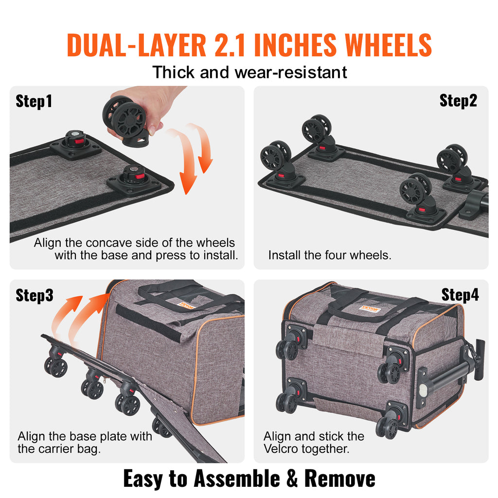 Rolling pet carrier with dual wheels shown being installed on the base