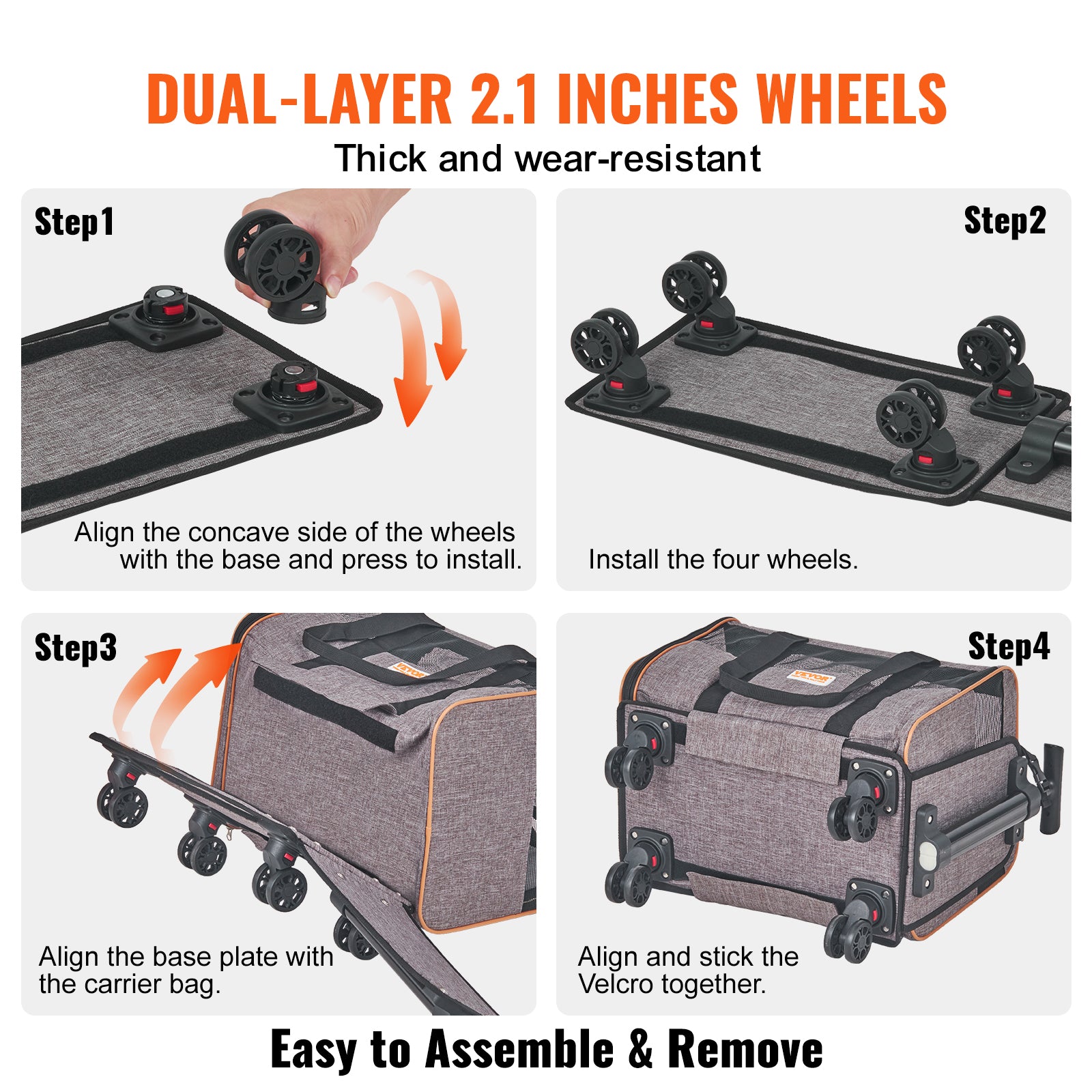 Rolling pet carrier with dual wheels shown being installed on the base