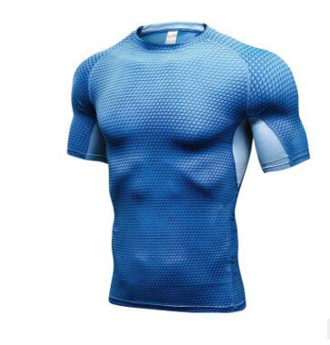 Light blue compression gym shirt with textured fabric and short sleeves
