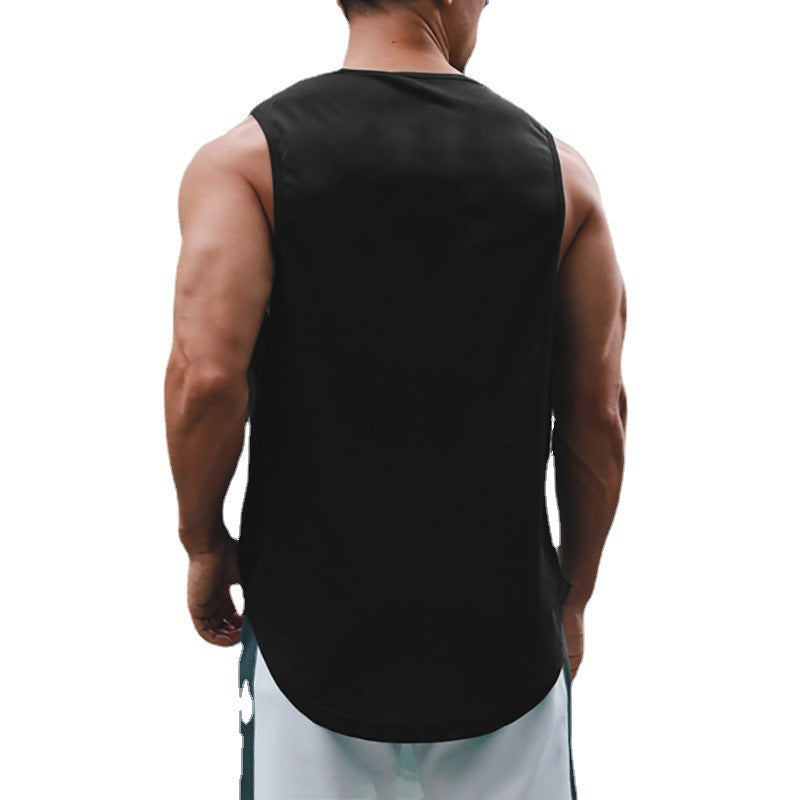 Black sleeveless fitness vest, back view with crew neck and barbell logo