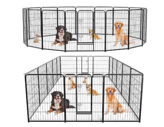 Black 8-panel dog fence playpen with single door at center, multiple wire panels