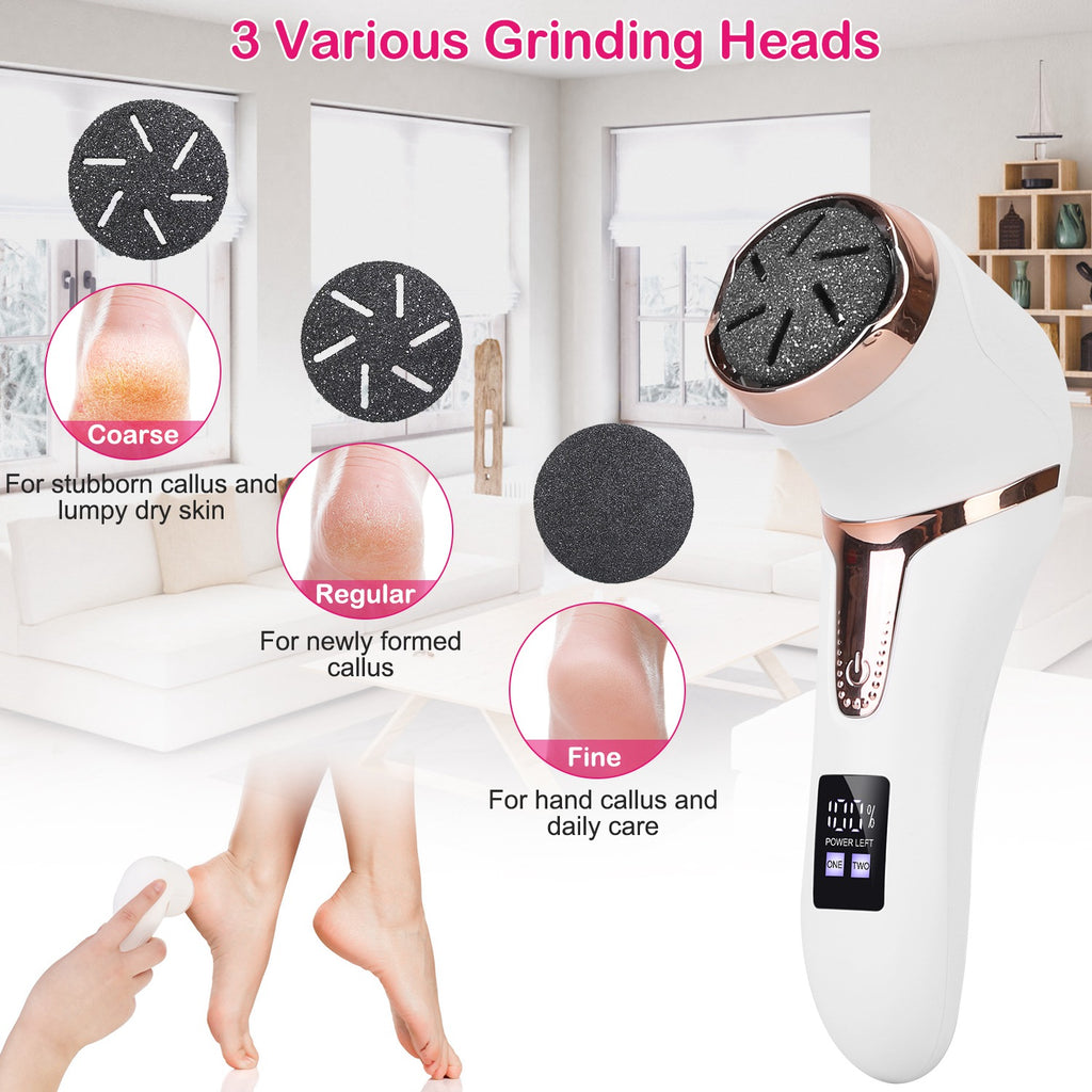 White electric pedicure kit showing three grinding heads for coarse, regular, and fine