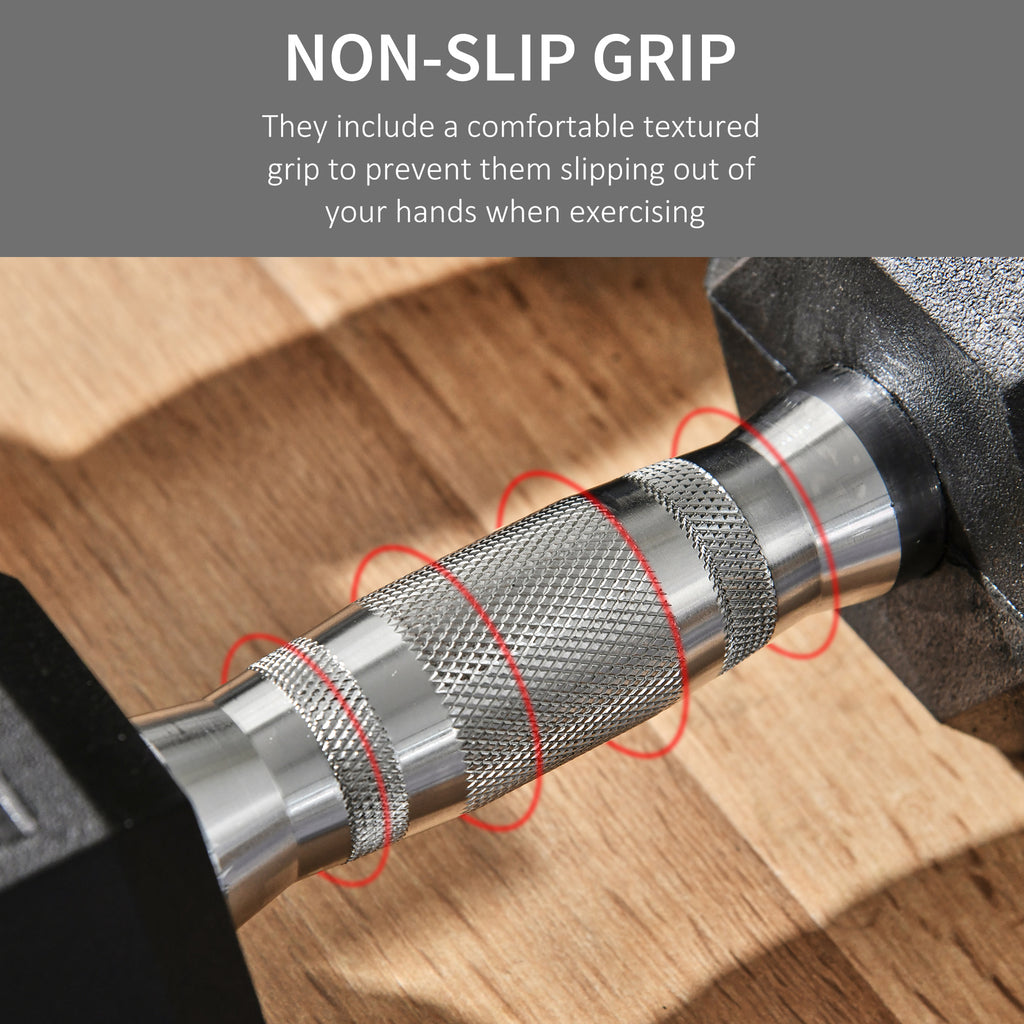 Close-up of non-slip knurled grip on black hex rubber dumbbell handle