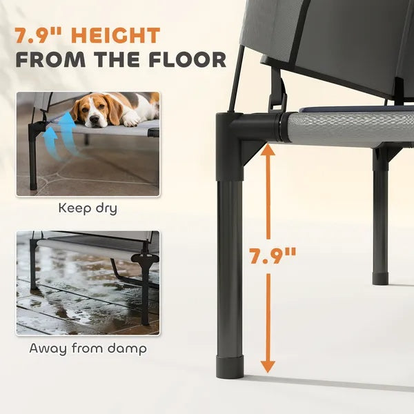 Grey raised dog cot bed off the floor for dry comfort