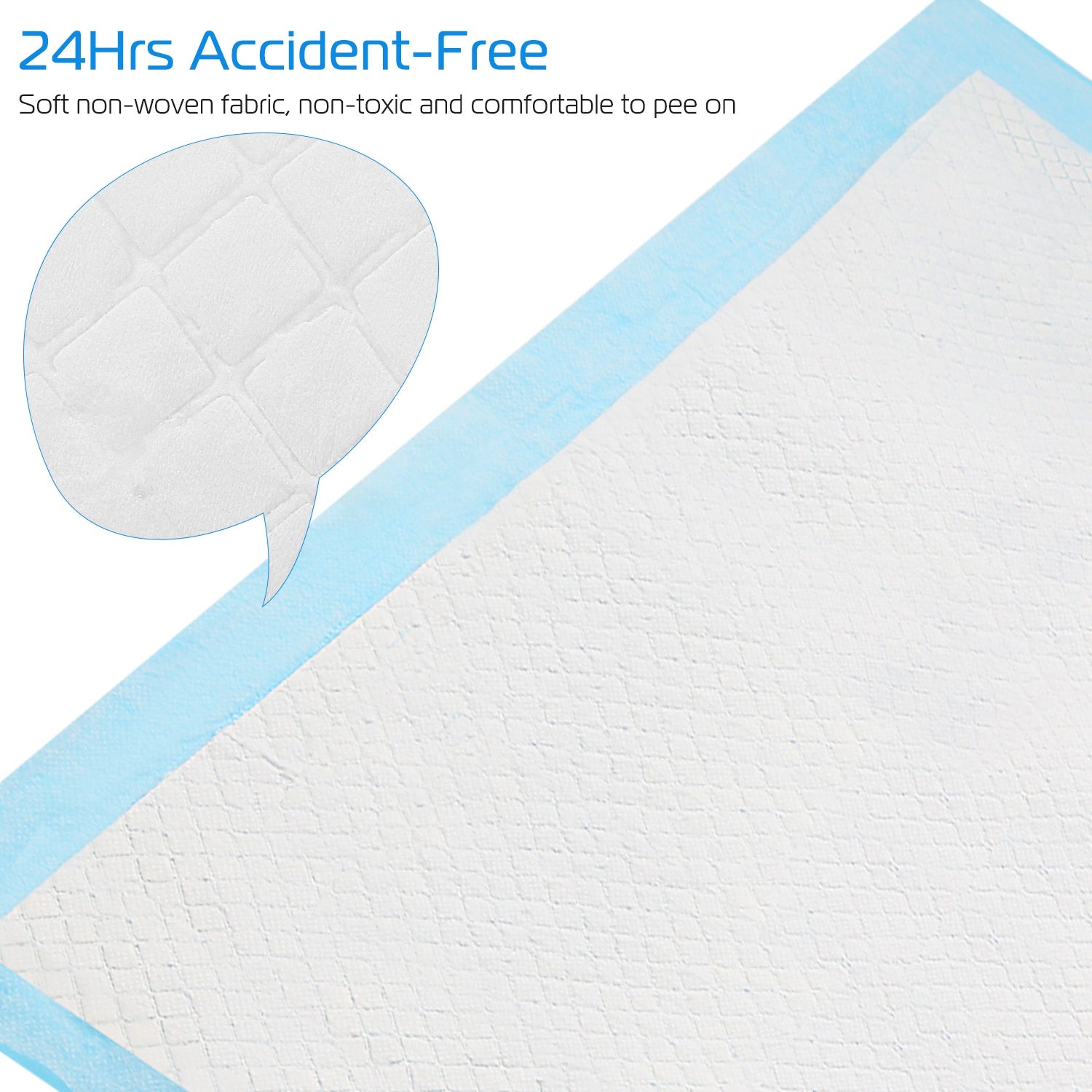 Close-up of blue top layer and white absorbent quilting on pet training pad