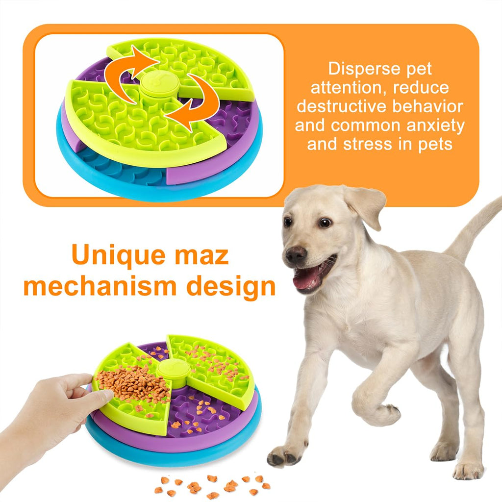 Green interactive puzzle feeder with divided maze sections in purple, blue, and green