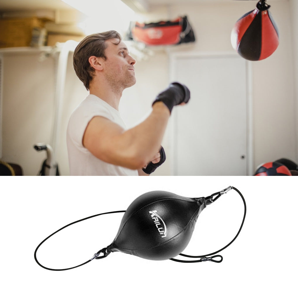 Black boxing speed ball with KAILUN logo and elastic suspension cords