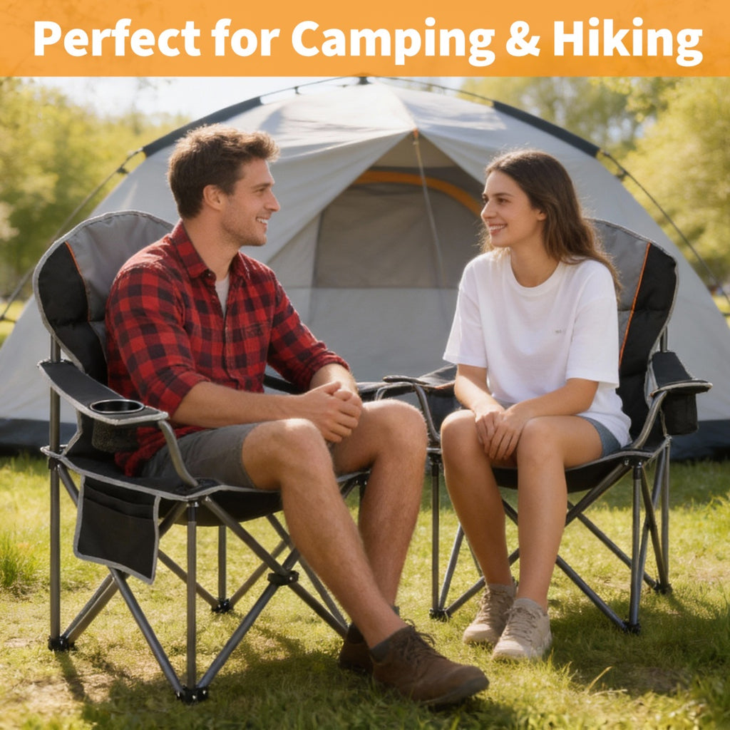 Camping folding chair with gray seat, black armrests, and side storage pouches