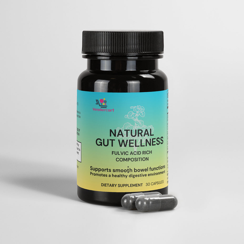 Black supplement bottle with teal label and black cap, with clear capsules in front