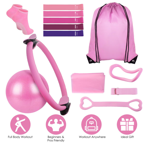All-in-one Pilates kit pieces: ring, large exercise ball, resistance bands, and socks