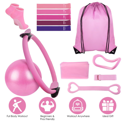 All-in-one Pilates kit pieces: ring, large exercise ball, resistance bands, and socks