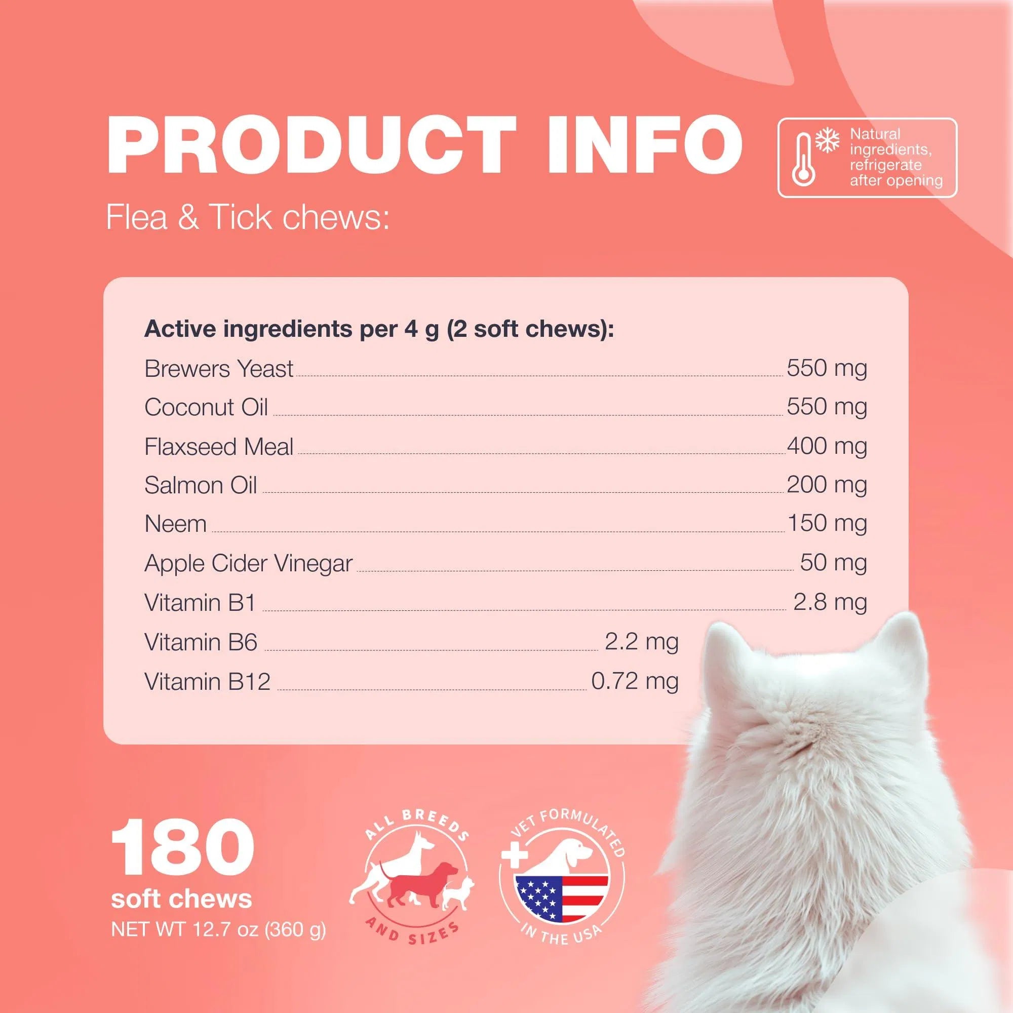 Product info panel listing flea & tick active ingredients per 4 g (2 soft chews)