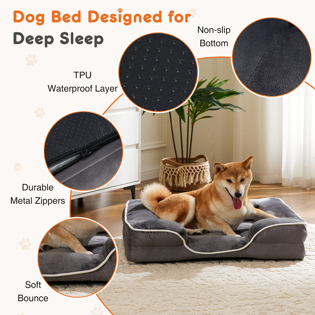 Grey memory foam pet bed with padded sides and textured waterproof bottom layer