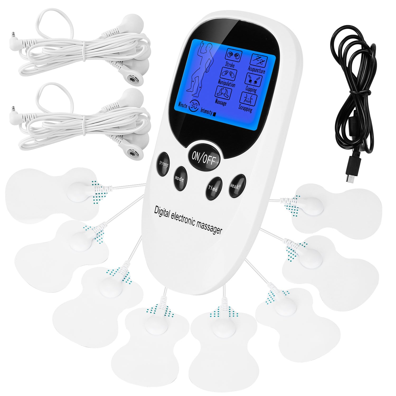 White wireless muscle stimulation recovery device with electrode pads and cables