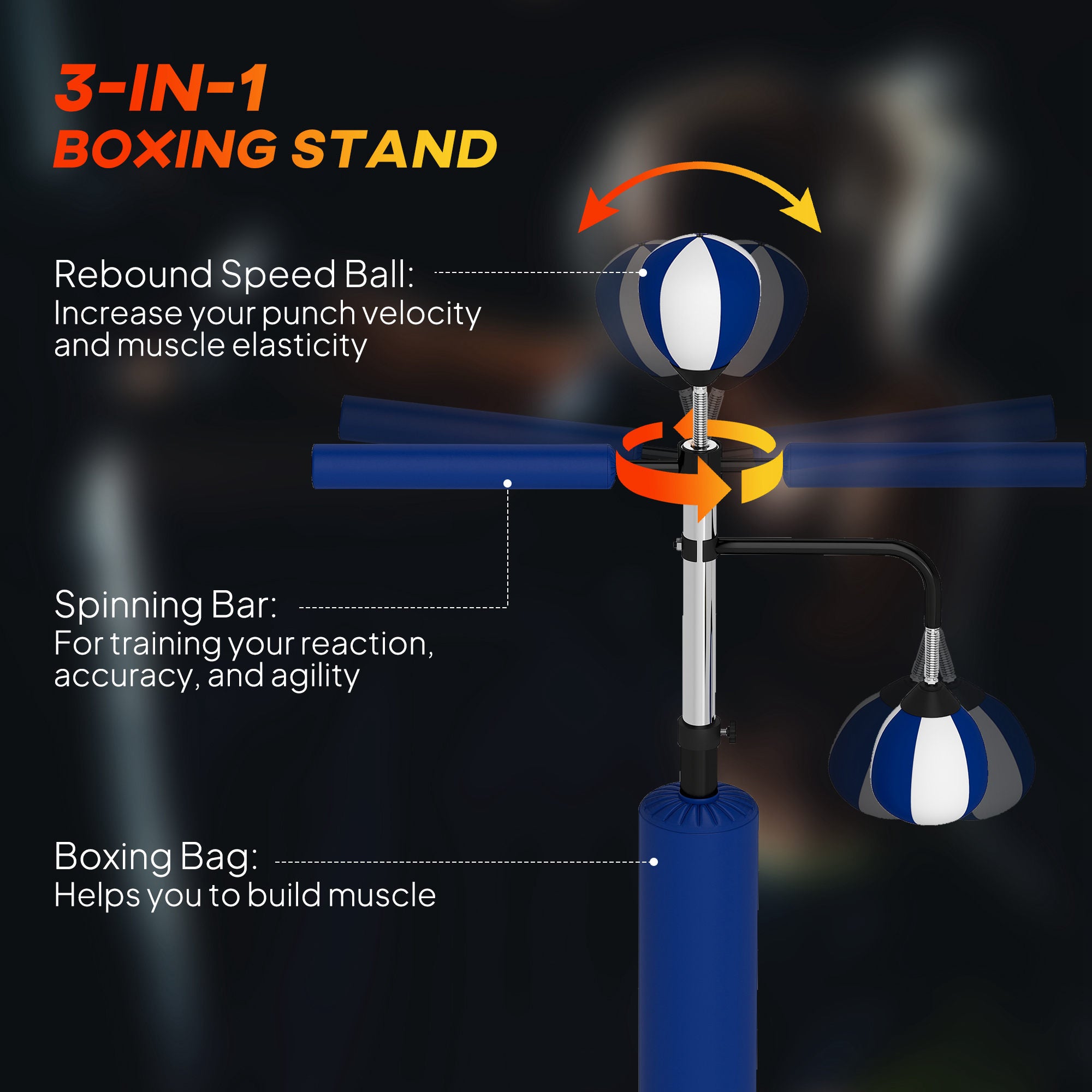 Blue 3-in-1 boxing stand diagram with speed ball, spinning bar, and bag