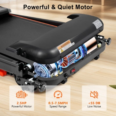 Black treadmill with side motor cover and rollers under deck, close-up view