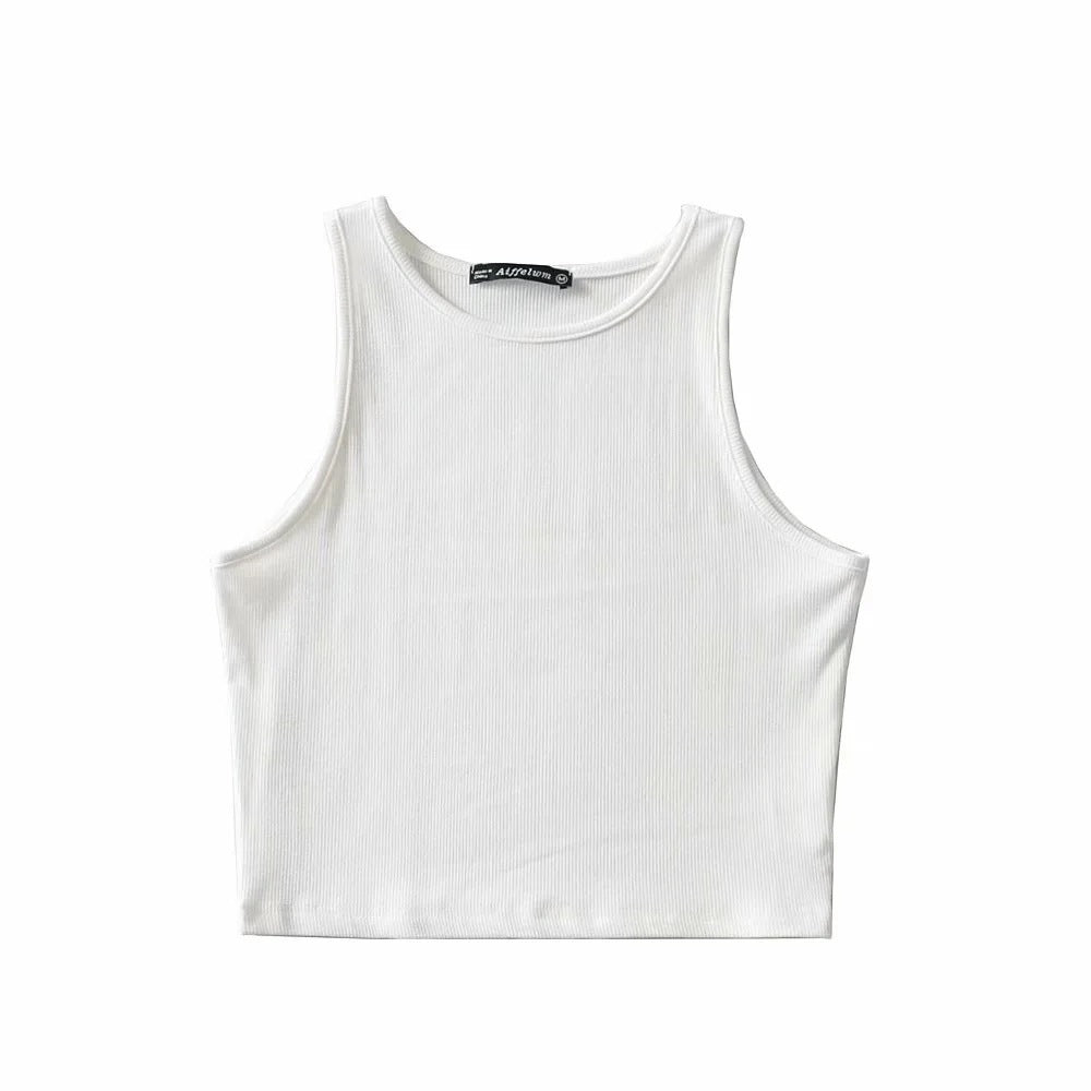 Women’s solid white ribbed fitness tank top, sleeveless
