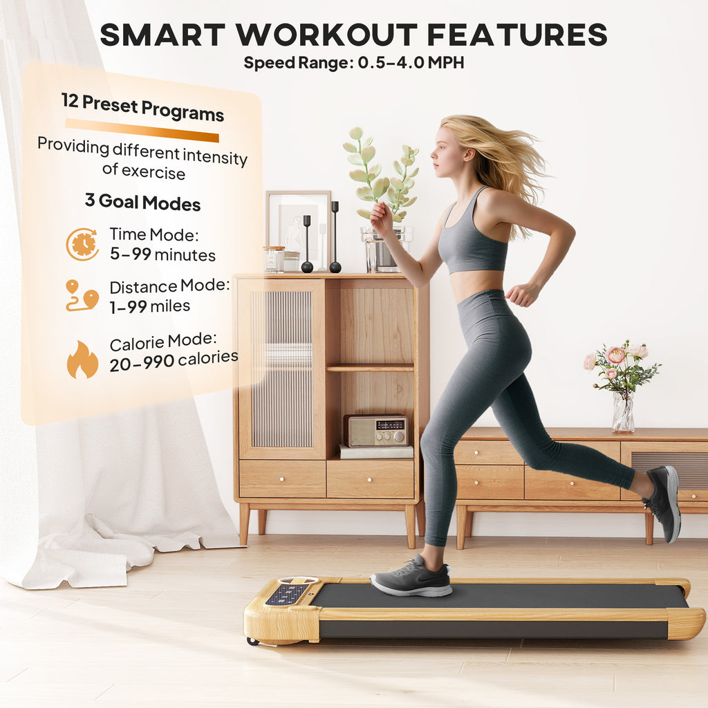 Wood under-desk treadmill with black belt and display console, used during home workout