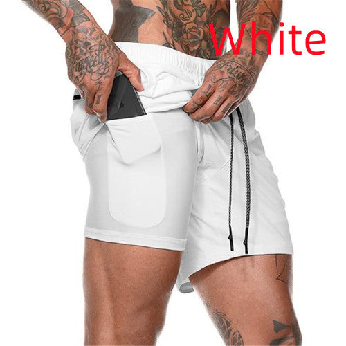 Men's white athletic shorts with side pocket and drawstring cords