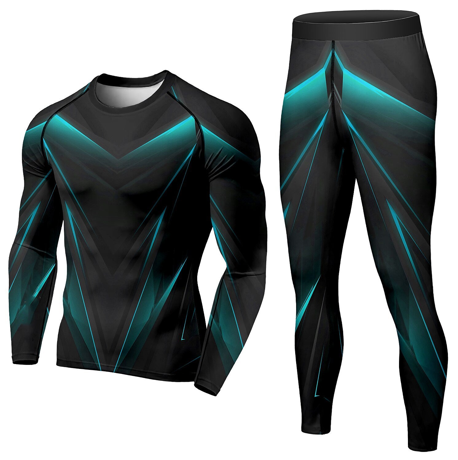 Men's black long-sleeve compression top and leggings set with teal geometric accents