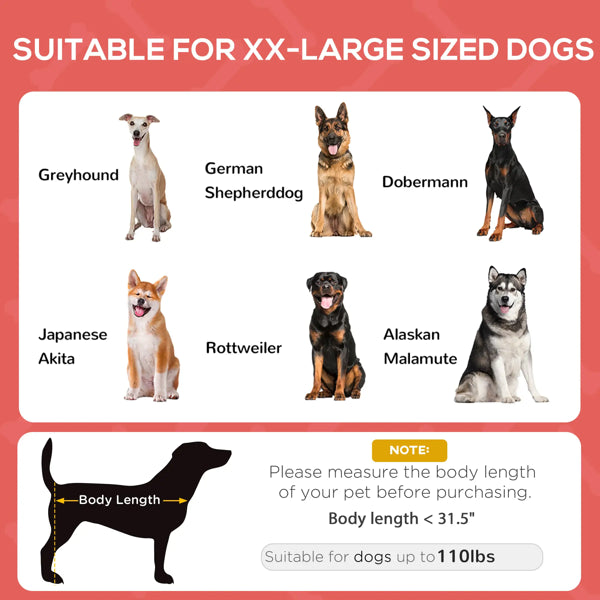 XX-large dog cot sizing: fits dogs up to 110 lb; measure body length first