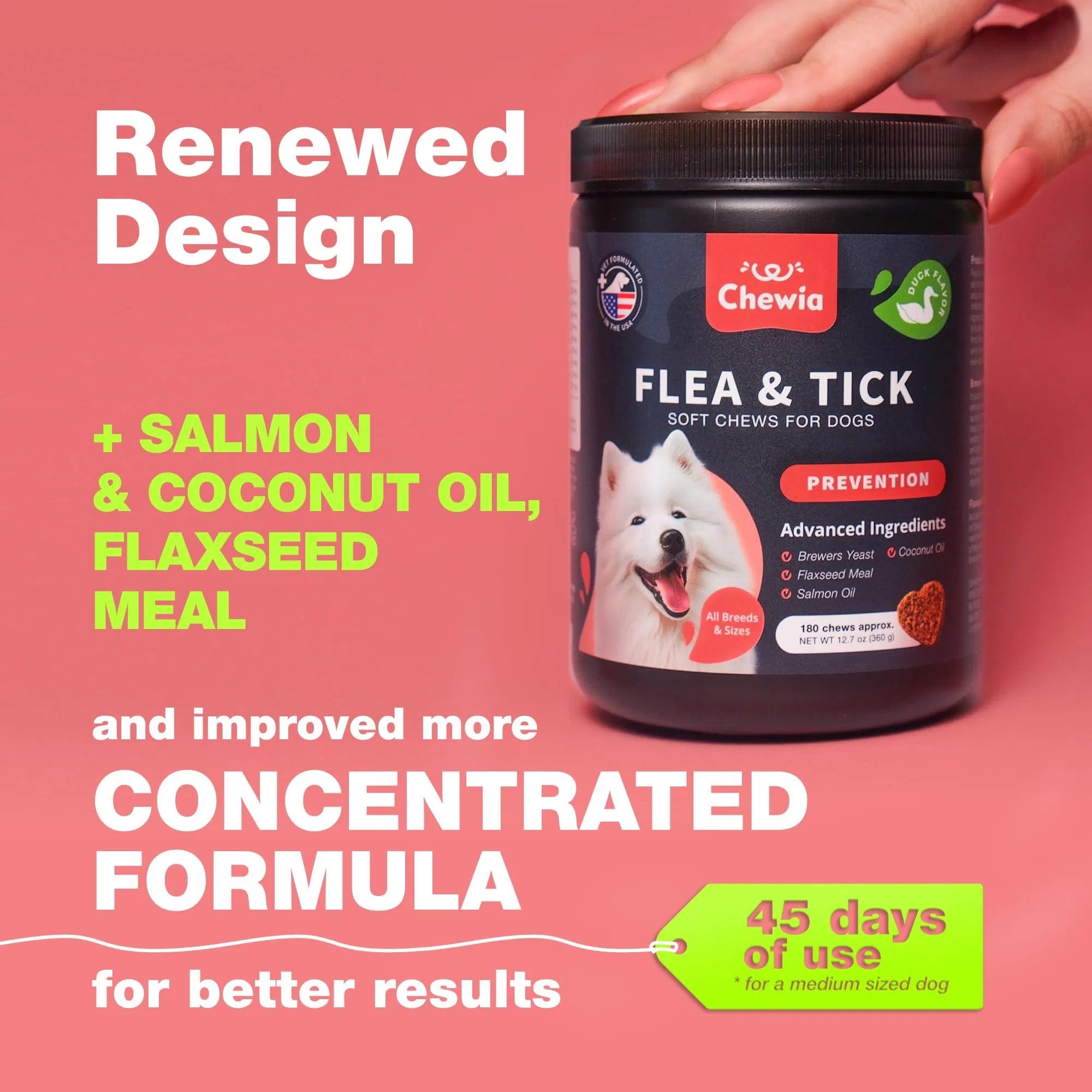 Hand holding flea & tick soft chew jar with salmon & coconut oil highlights