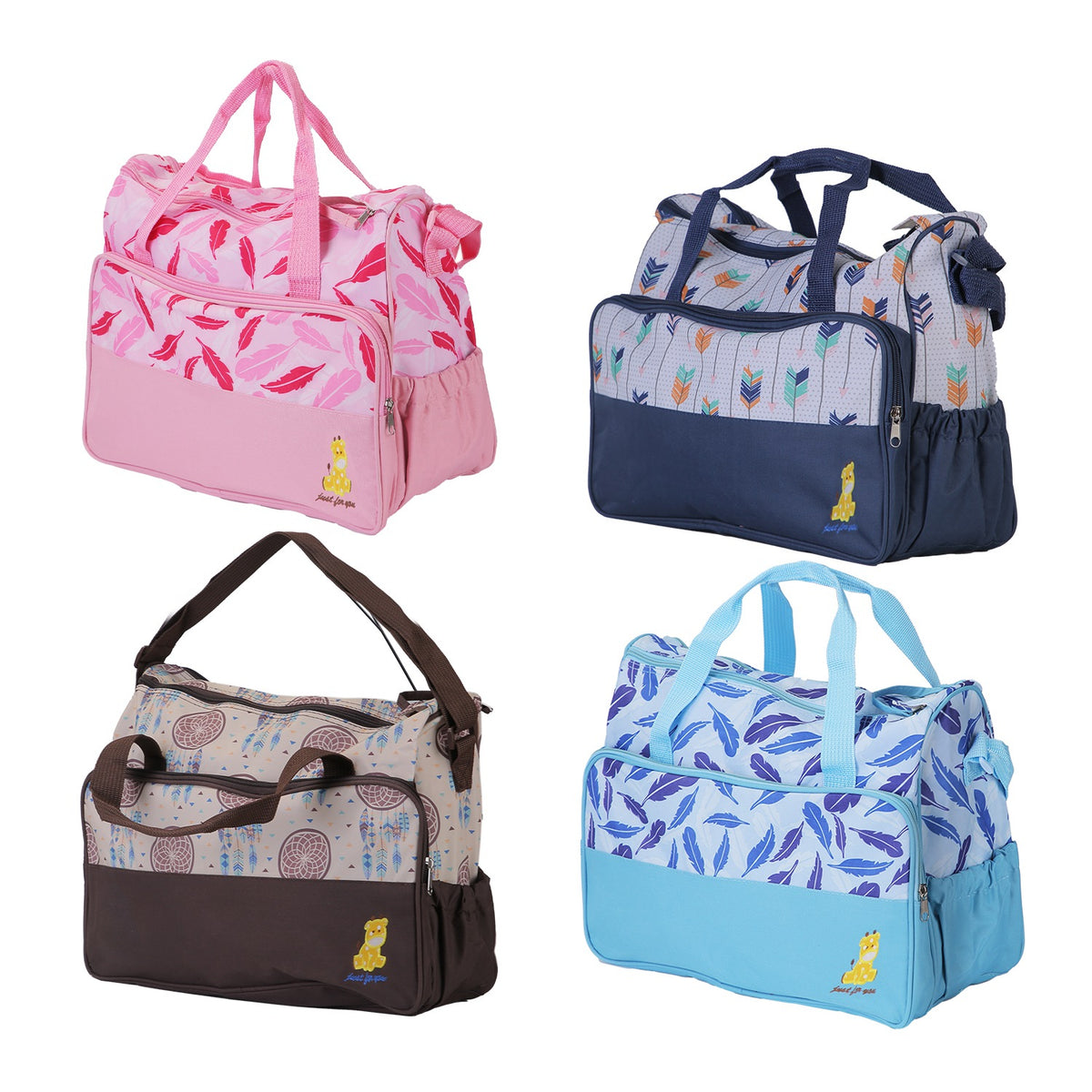 Diaper bag set assortment in pink, navy, brown, and light blue with storage pouches