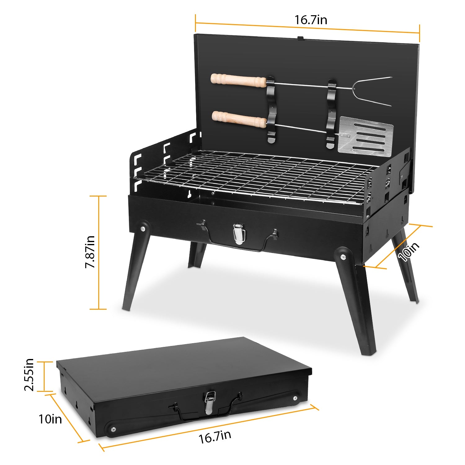 Black charcoal grill with lid open, wire cooking grate and foldable support legs
